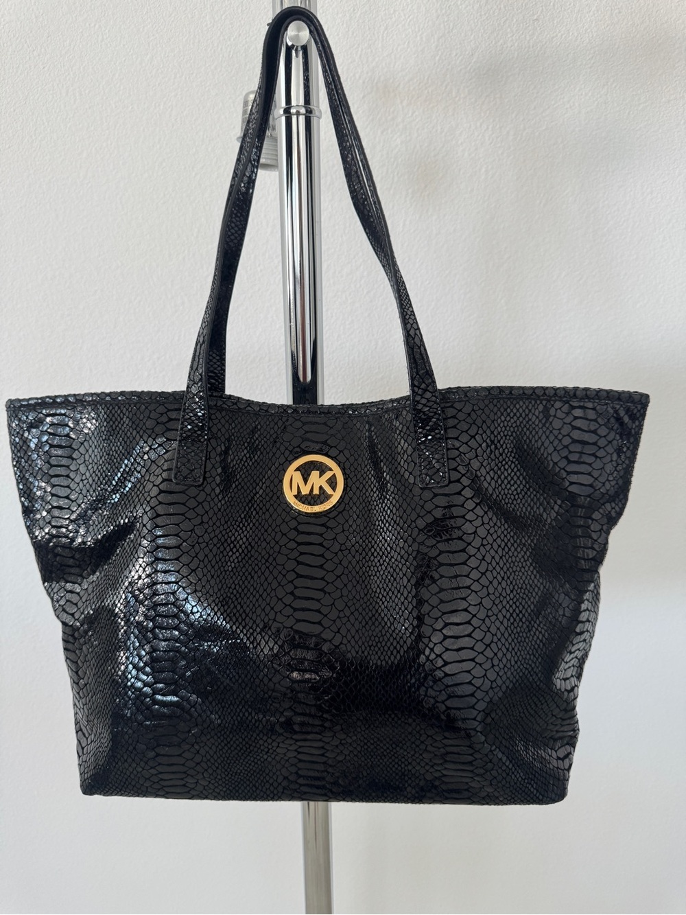 Michael Kors Black Snake-Embossed Tote with Gold MK Accent- Preowned